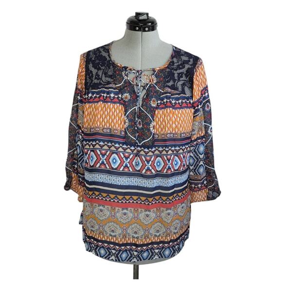 fig and flower Multi-Color Semi-Sheer Top, Size Large, Boho, Lightweight - Picture 1 of 8